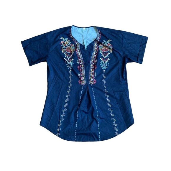 Embroidered Floral Navy Blue Mexican Blouse XXL Cotton V-Neck Short Sleeve - Picture 1 of 4